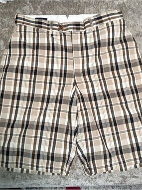 Lands' End Plaid Flat-Front Shorts in Beige, Brown & White